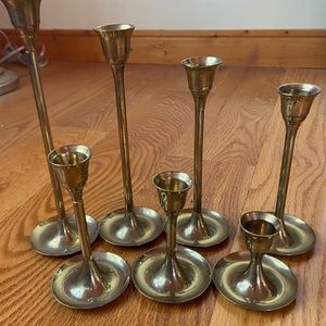 Set 7 MCM  various heights brass taper holders candlesticks straight